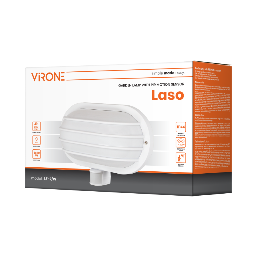 LASO garden lamp with 180° motion sensor and a screen , 1x15W, E27, IP44, plastic, white