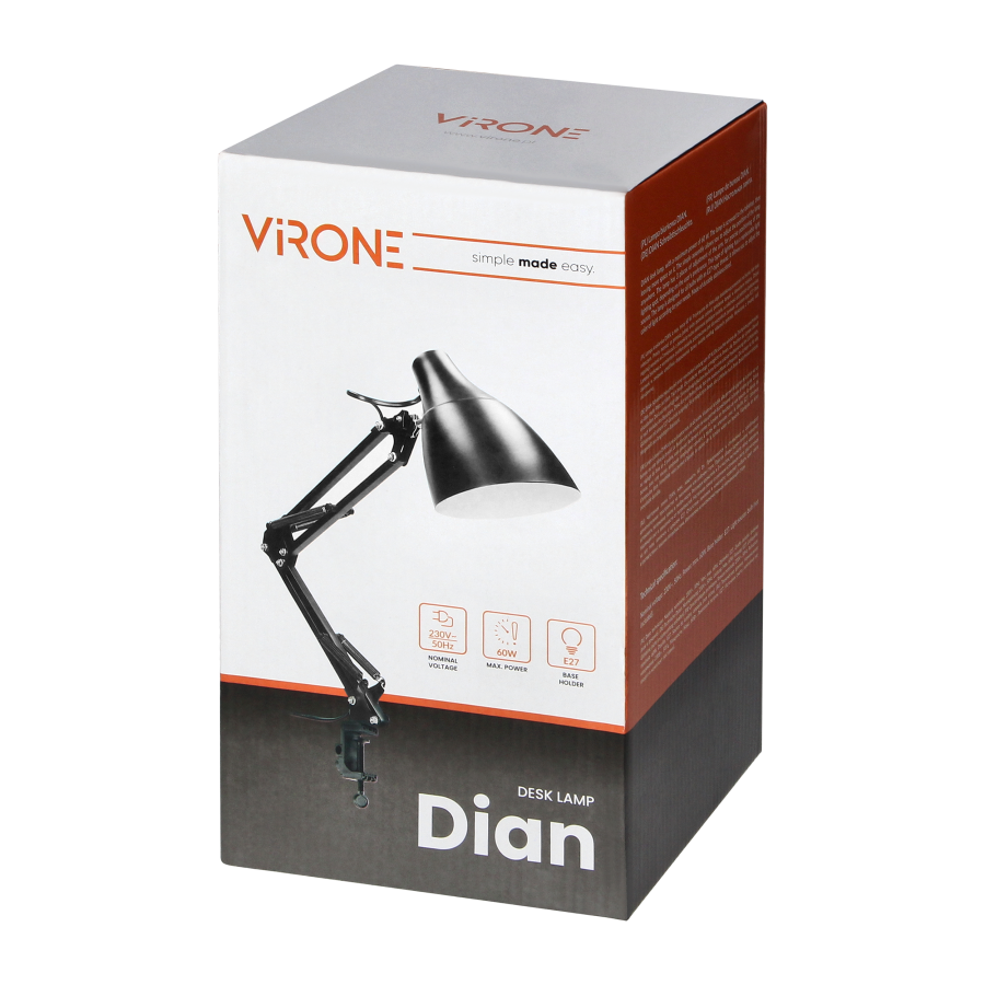 DIAN, lampa biurkowa przykręcana, 10W, E27, stalowa, czarna