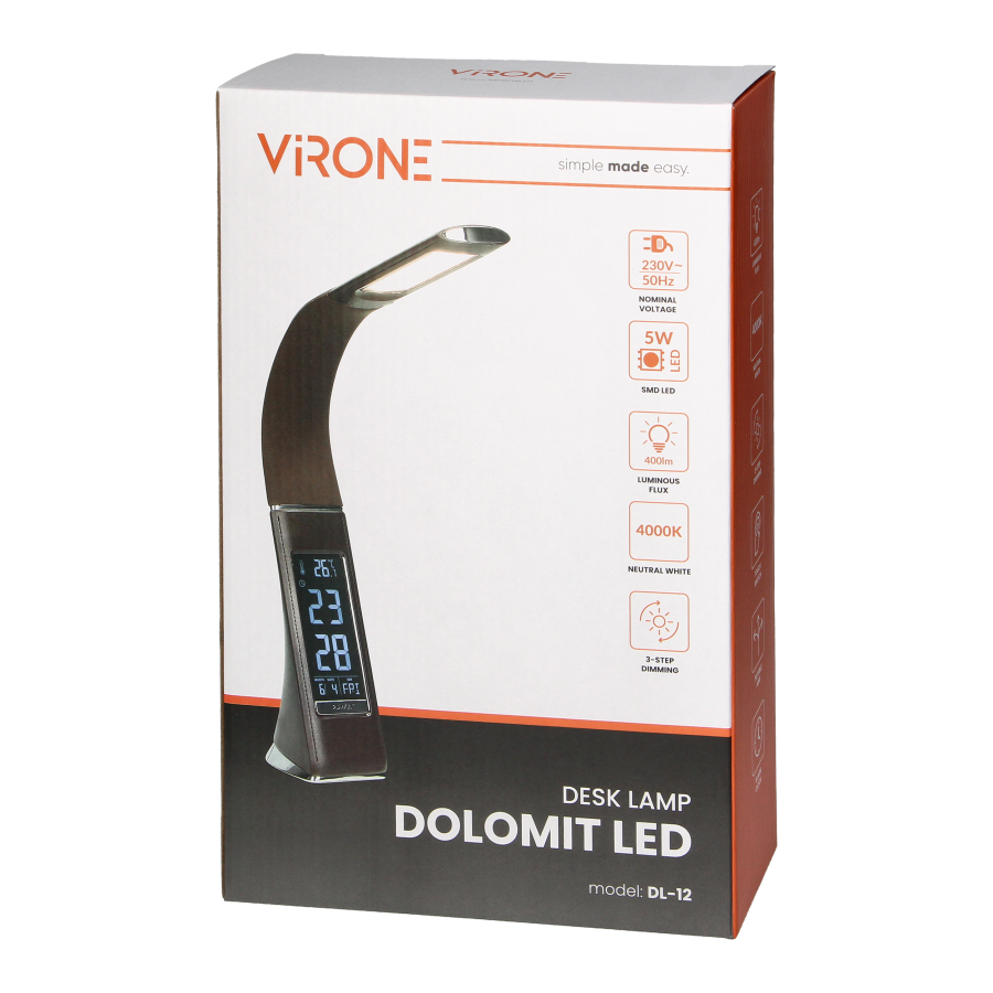 DOLOMIT LED 5W, lampka biurkowa z budzikiem, 300lm, 4000K, brązowa