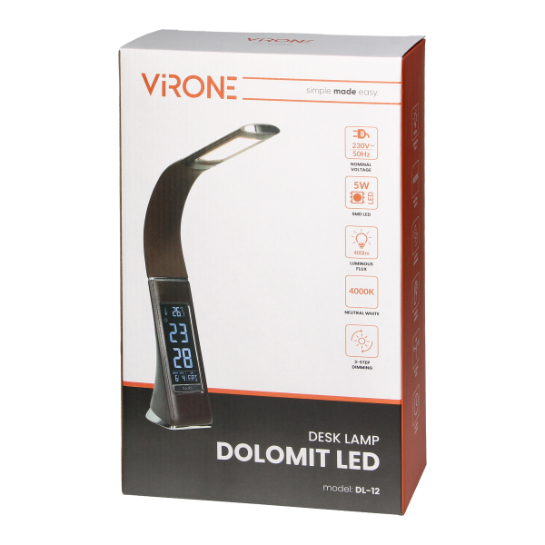 DOLOMIT LED 5W, lampka biurkowa z budzikiem, 300lm, 4000K, brązowa