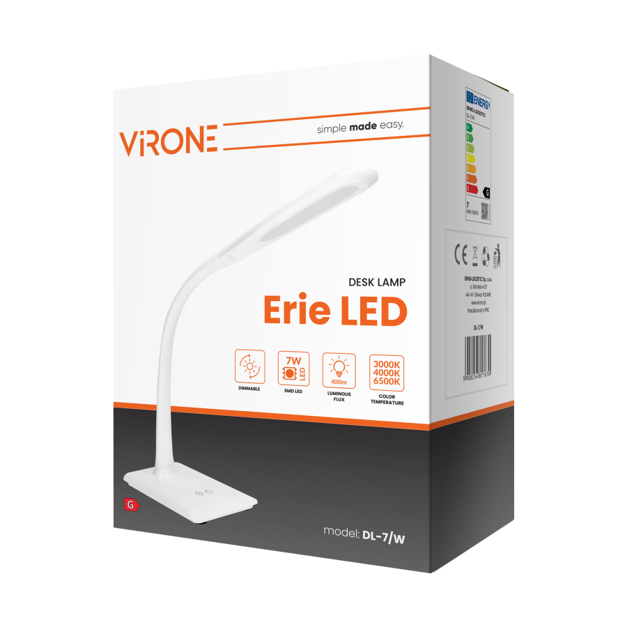 ERIE LED DIM 7W, lampka biurkowa, 400lm, biała, funkcja ściemniania i zmiany temperatury barwowej 3000K-4000K-6000K