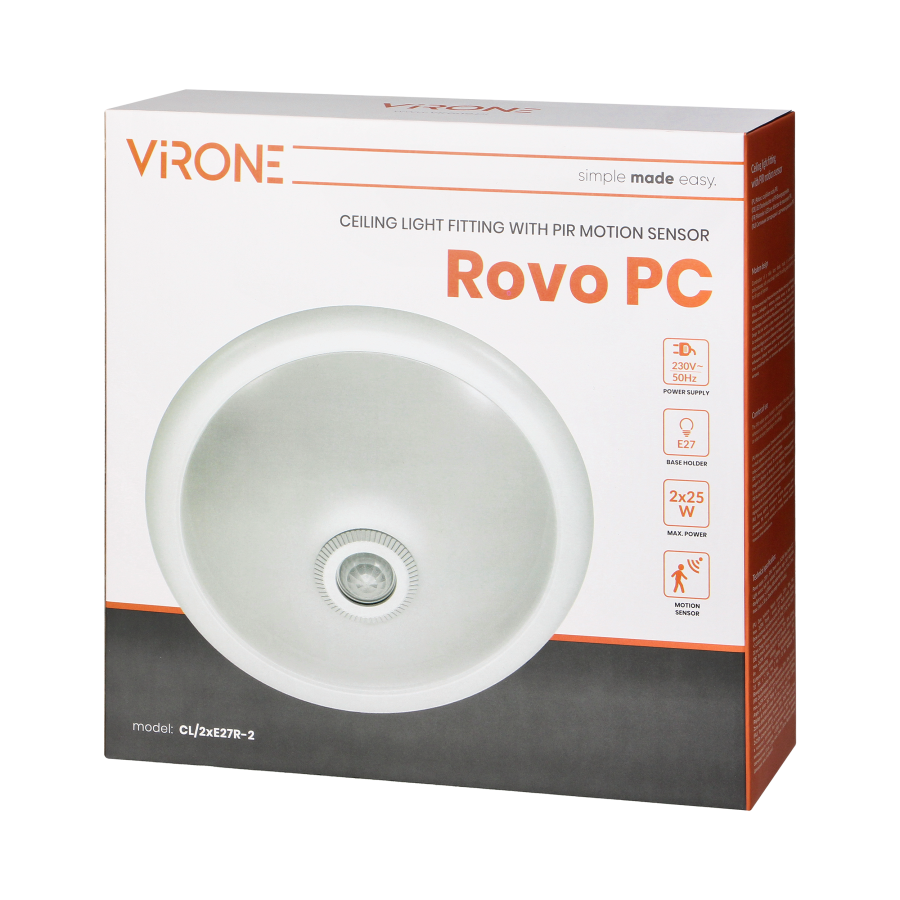 ROVO PC, lighting fixture with 360° motion sensor, 2x18W, E27, IP20, policarbon, milky shade