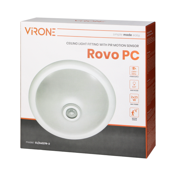 ROVO PC, plafon oświetleniowy z czujnikiem ruchu 360st, 2x18W, E27, IP20, polikarbon mleczny ROVO PC, plafon oświetleniowy z czujnikiem ruchu 360st, 2x18W, E27, IP20, polikarbon mleczny