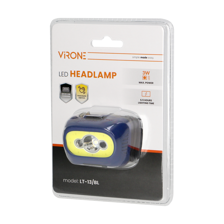 LED COB + LED headlamp 3W with touchless switch and USB charger, 1200 mAh battery, blue