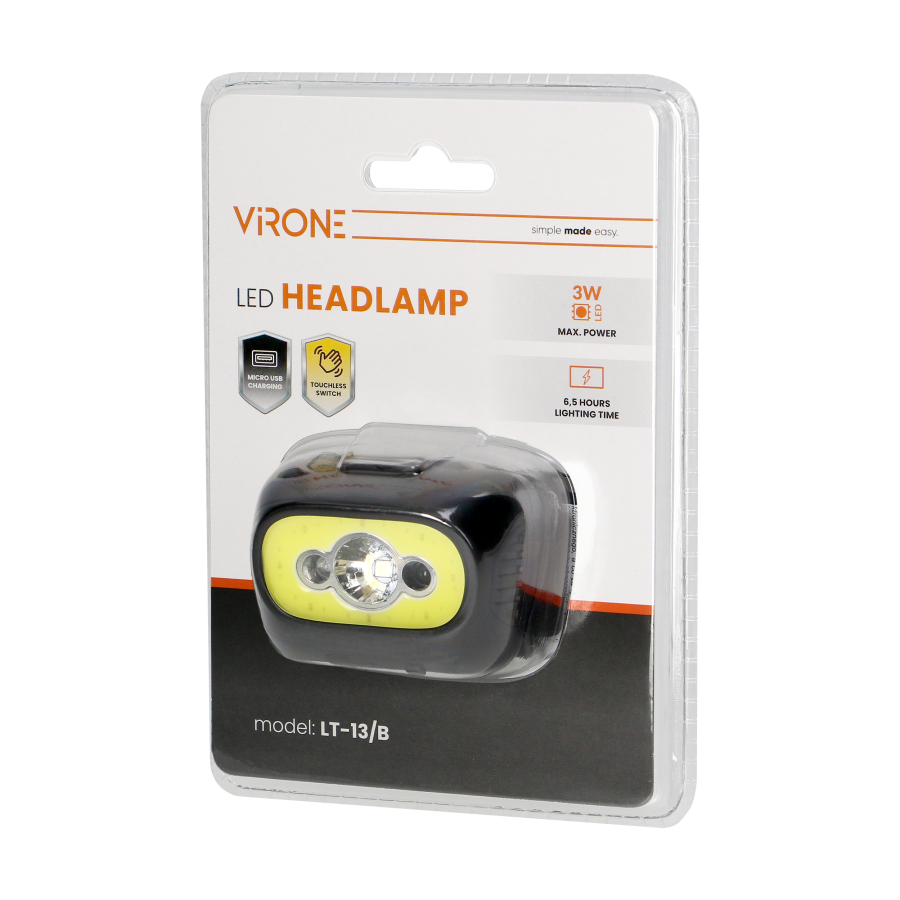 LED COB + LED headlamp 3W with touchless switch and USB charger, 1200 mAh battery, black