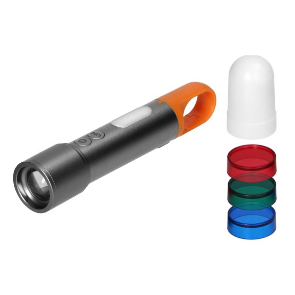 Latarka LED SMD 10W + COB 2W, 350lm, 1200 mAh, funkcja zoom, kolorowe nakładki Latarka LED SMD 10W + COB 2W, 350lm, 1200 mAh, funkcja zoom, kolorowe nakładki