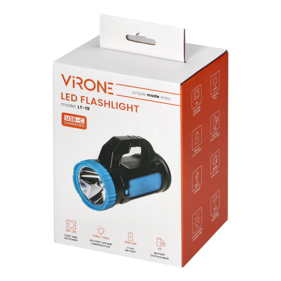 Latarka LED SMD 3W + COB 3W, 110lm, dwie opcje zasilania - akumulator 1200 mAh lub 3xAA