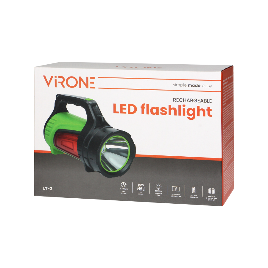 Rechargeable LED flashlight - searchlight 10W, 1000lm, 4000mAh, power bank, battery indicator