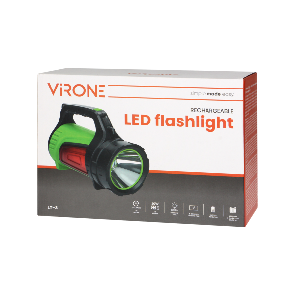 Rechargeable LED flashlight - searchlight 10W, 1000lm, 4000mAh, power bank, battery indicator