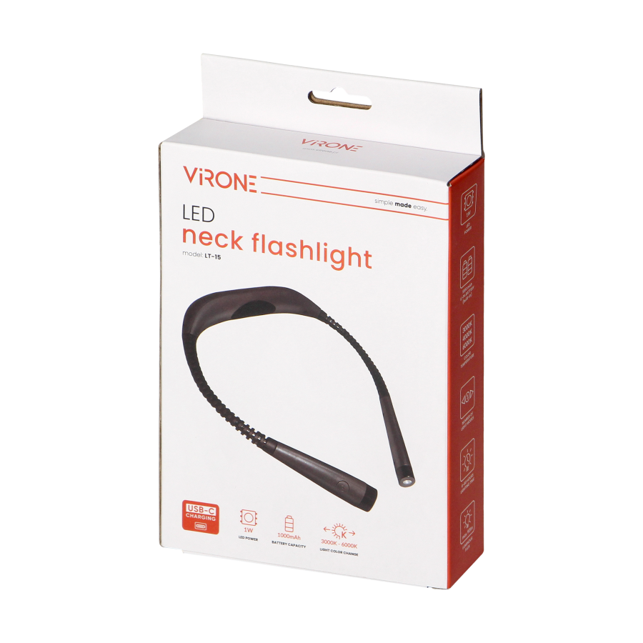 LED neck flashlight with Li-po 1000mAh rechargeable battery, selectable light color, grey