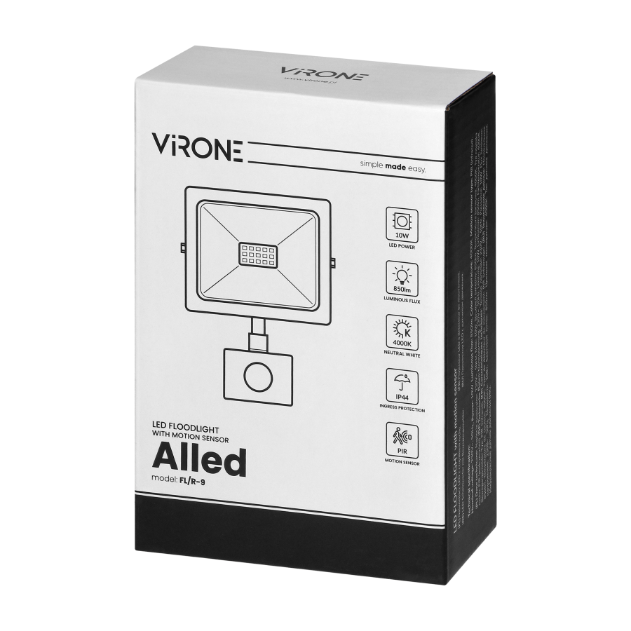 ALLED  LED floodlight with PIR-motion sensor 10W, 850lm, IP65, 4000K, Alu+Glass