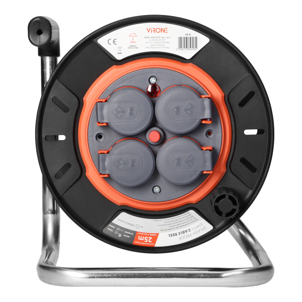 Splash-proof empty cable reel IP44 4x2P+E 16A 230V, H05RR-F 3x1.5mm², 25m