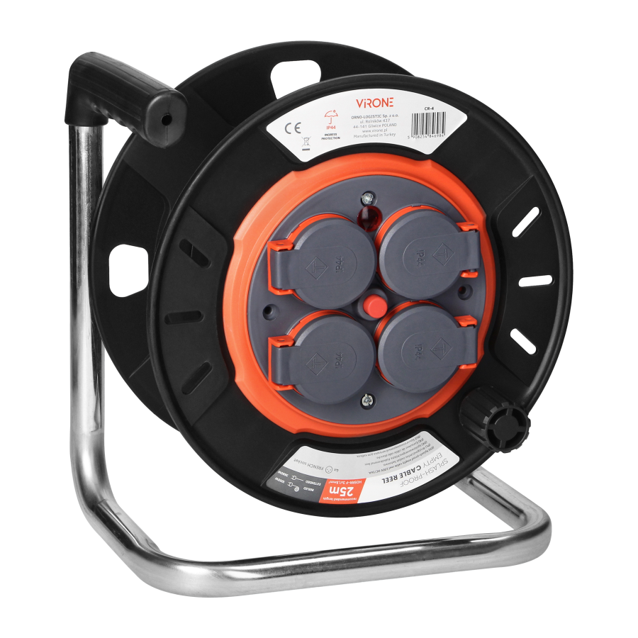 Splash-proof empty cable reel IP44 4x2P+E 16A 230V, H05RR-F 3x1.5mm², 25m