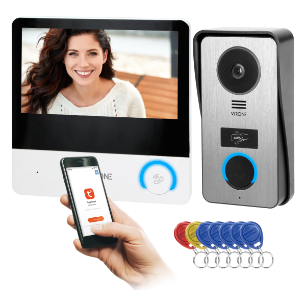 PAVONIS, zestaw wideodomofonowy, 4-żyłowy, 7", Wi-Fi, ekran dotykowy, Full HD, RFID