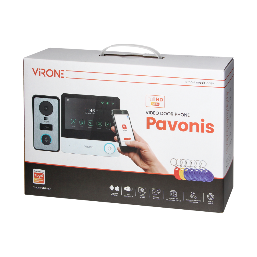 PAVONIS, zestaw wideodomofonowy, 4-żyłowy, 7", Wi-Fi, ekran dotykowy, Full HD, RFID