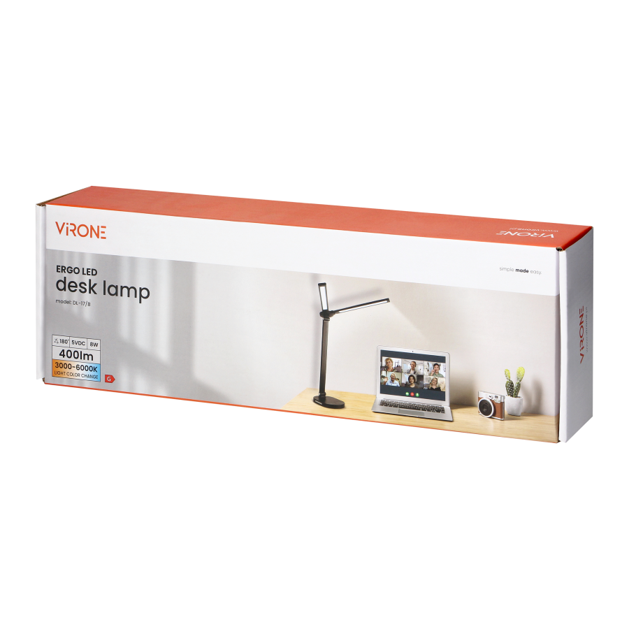 ERGO LED, desk lamp with USB charger, 8W, 400lm, 3000-4000-6000K, variable light color, dimming function, black