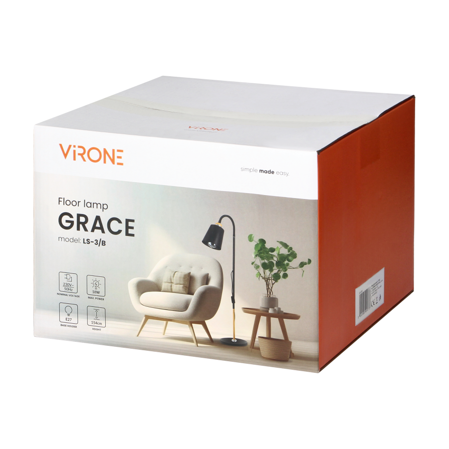 GRACE lampa podłogowa, 154 cm, E27, max. 18W, czarna