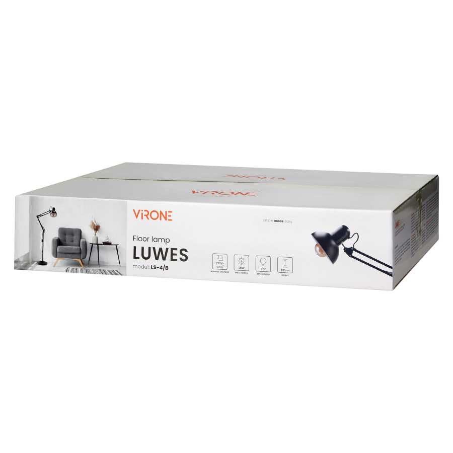 LUWES lampa podłogowa, 185 cm, E27, max. 18W, czarna