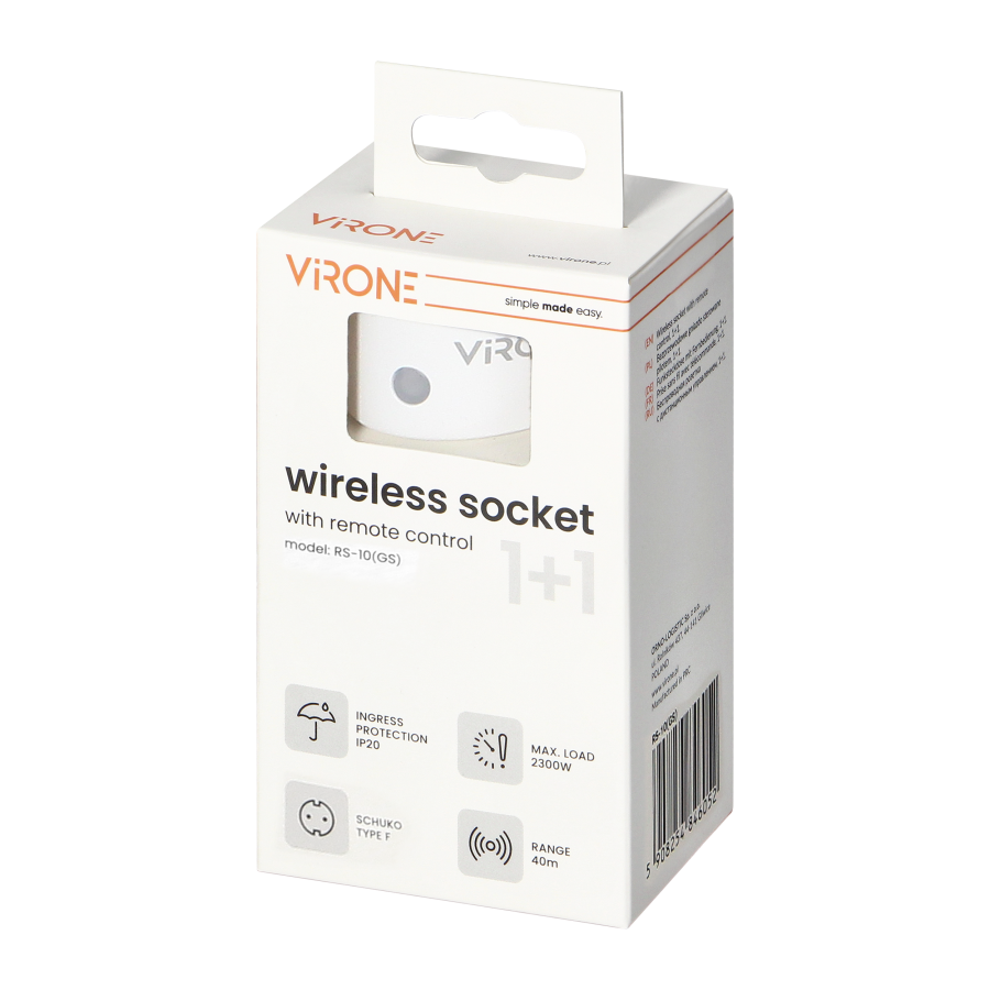 MINI wireless socket with remote control, Schuko, 1+1, 2300W