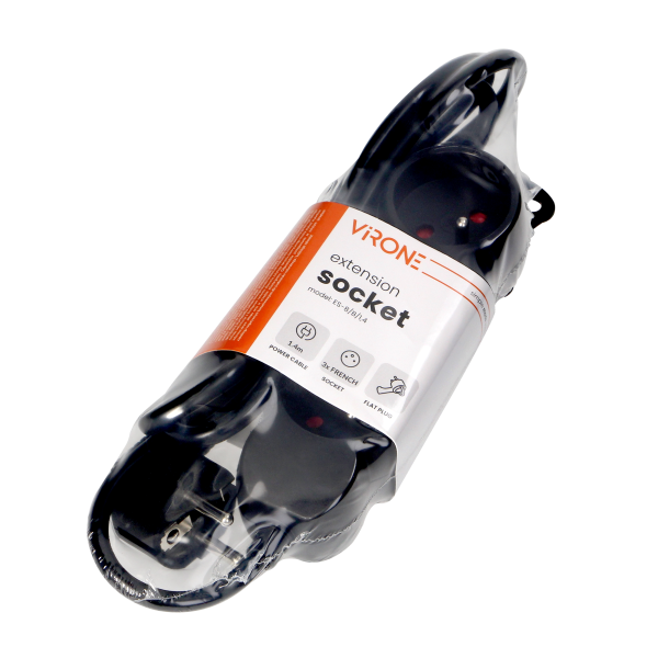 Extension sockets 3x2P+E, 1.4m, H05VV-F, 3x1mm2, czarny Extension sockets 3x2P+E, 1.4m, H05VV-F, 3x1mm2, czarny