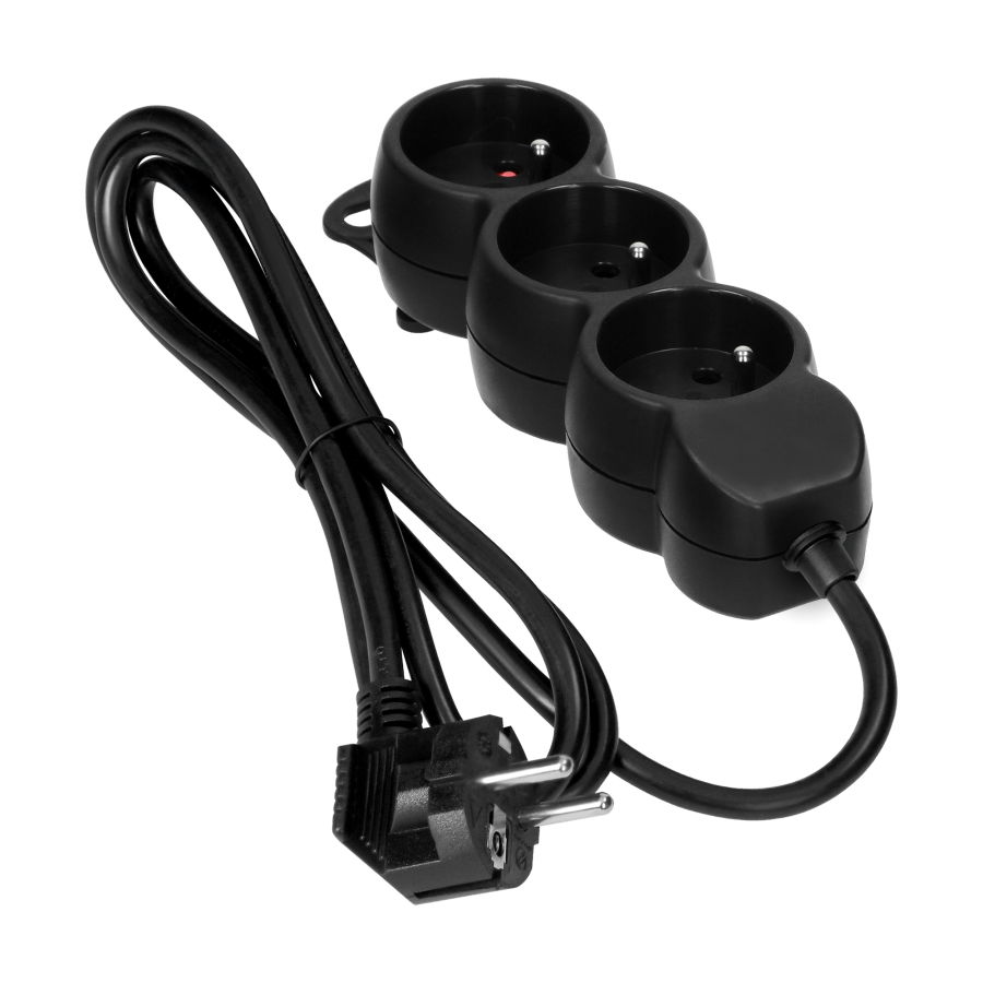 Extension sockets 3x2P+E, 1.4m, H05VV-F, 3x1mm2, czarny