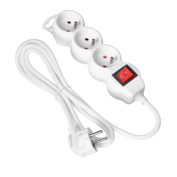 Extension sockets 3x2P+E, ON/OFF, 1.4m, H05VV-F, 3x1mm2, biały Extension sockets 3x2P+E, ON/OFF, 1.4m, H05VV-F, 3x1mm2, biały