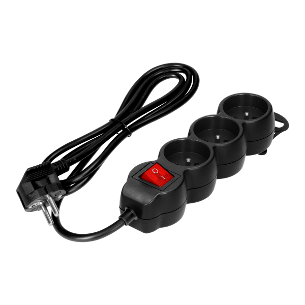 Extension sockets 3x2P+E, ON/OFF, 1.4m, H05VV-F, 3x1mm2, czarny Extension sockets 3x2P+E, ON/OFF, 1.4m, H05VV-F, 3x1mm2, czarny