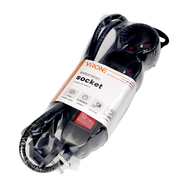Extension sockets 3x2P+E, ON/OFF, 1.4m, H05VV-F, 3x1mm2, czarny Extension sockets 3x2P+E, ON/OFF, 1.4m, H05VV-F, 3x1mm2, czarny