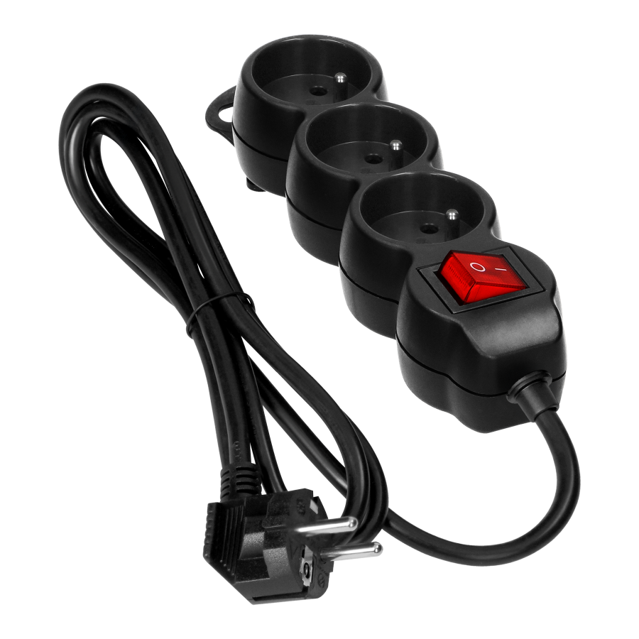Extension sockets 3x2P+E, ON/OFF, 1.4m, H05VV-F, 3x1mm2, czarny