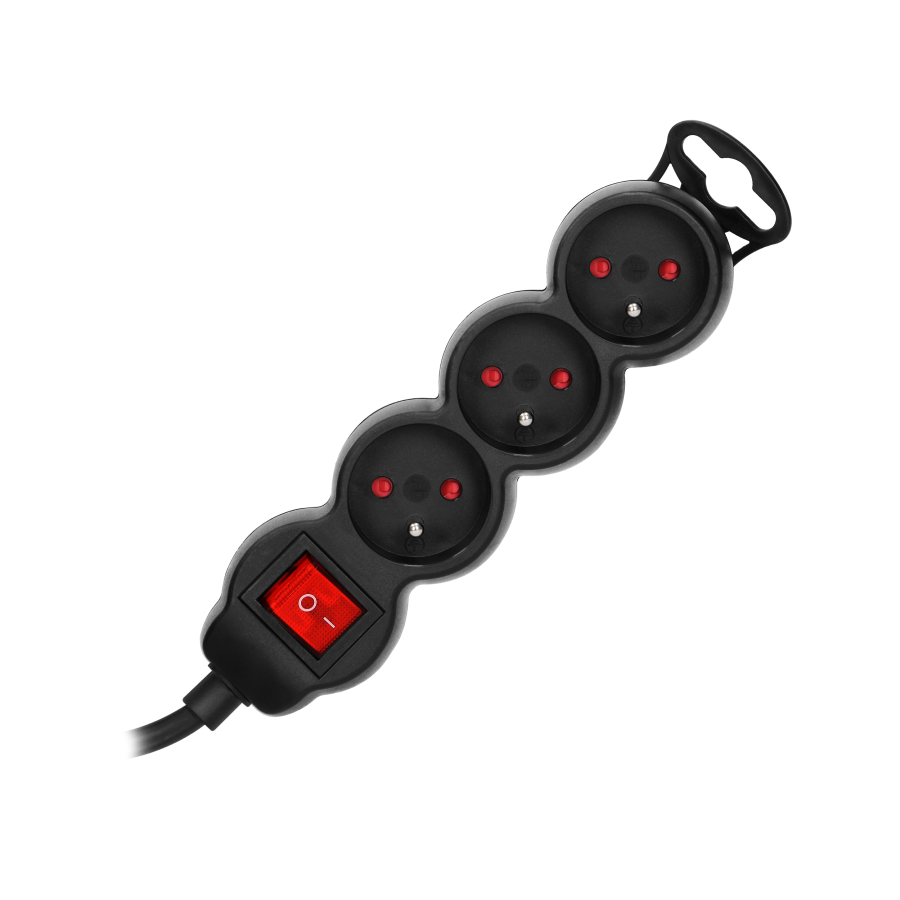 Extension sockets 3x2P+E, ON/OFF, 1.4m, H05VV-F, 3x1mm2, czarny