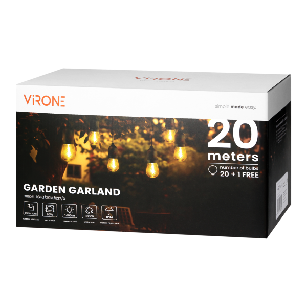 Lighting garland  - 20m long, IP44, black + 20 LED bulbs 1W E27, 3000K + 1 free bulb Lighting garland  - 20m long, IP44, black + 20 LED bulbs 1W E27, 3000K + 1 free bulb