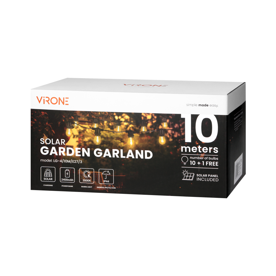 Solar lighting garland  - 10 m long + 10 LED bulbs 0,1W E27, 3000K + 1 free bulb