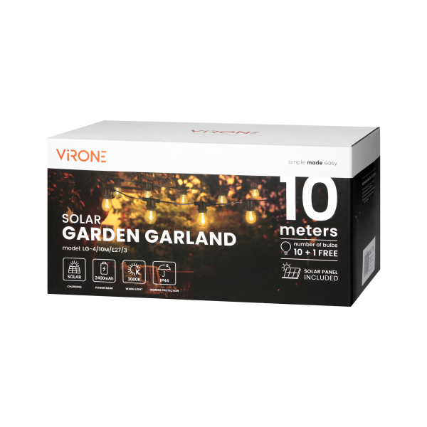 Solar lighting garland  - 10 m long + 10 LED bulbs 0,1W E27, 3000K + 1 free bulb Solar lighting garland  - 10 m long + 10 LED bulbs 0,1W E27, 3000K + 1 free bulb