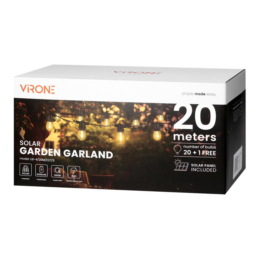 Solar lighting garland  - 20 m long + 20 LED bulbs 0,1W E27, 3000K + 1 free bulb