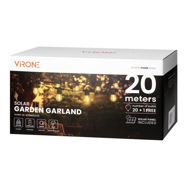 Solarna girlanda oświetleniowa - 1 sznur 20 m (20 opraw) + 20 żarówek LED 0,1W E27, 3000K + 1 żarówka gratis Solarna girlanda oświetleniowa - 1 sznur 20 m (20 opraw) + 20 żarówek LED 0,1W E27, 3000K + 1 żarówka gratis