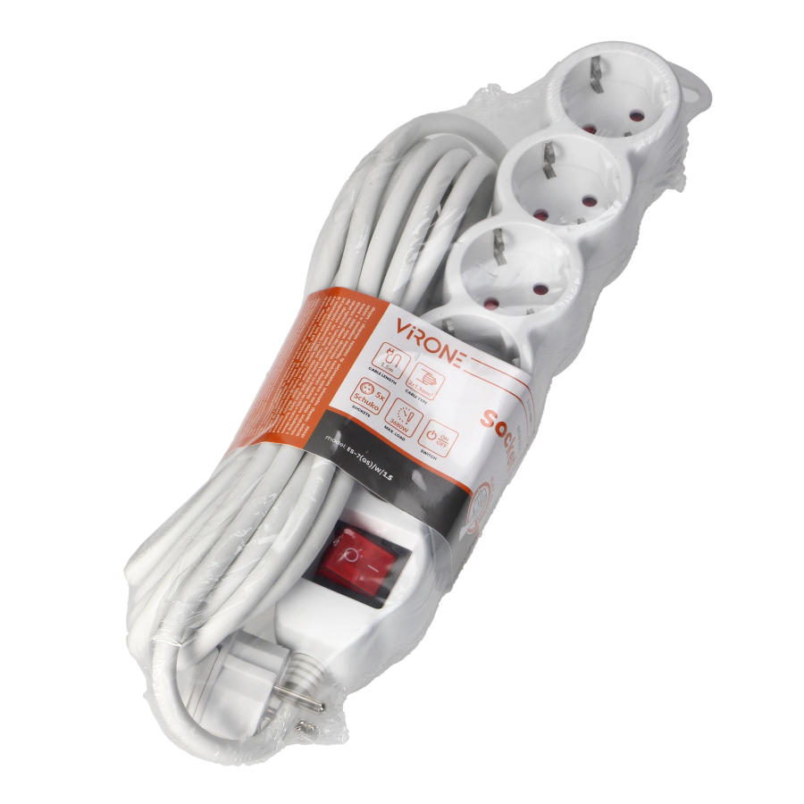 Extension sockets 5x 2P+E with switch, 1.5m, Schuko H05VV-F 3x1.5mm2, Imax=16A, white