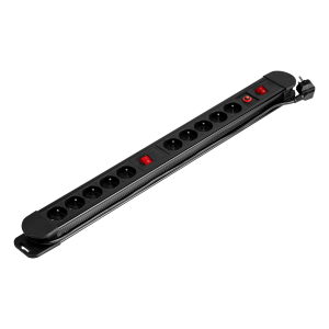 Power strip with 10 sockets (2P+E), 1.5m long cable (3x1.5mm2), 2x backlit two-way switch, 2x thermal switch 16A / 230 VAC, blac