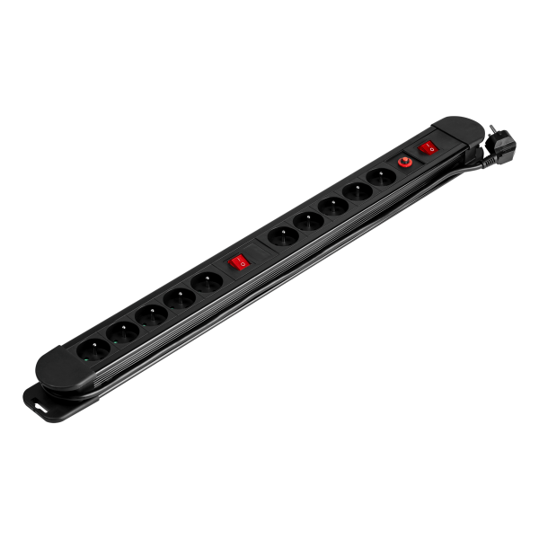 Power strip with 10 sockets (2P+E), 1.5m long cable (3x1.5mm2), 2x backlit two-way switch, 2x thermal switch 16A / 230 VAC, blac