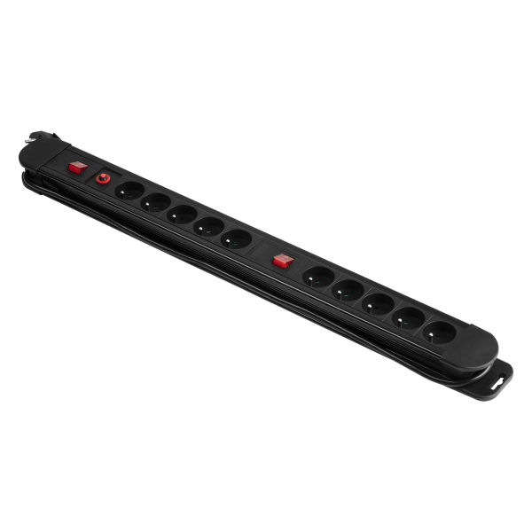 Power strip with 10 sockets (2P+E), 1.5m long cable (3x1.5mm2), 2x backlit two-way switch, 2x thermal switch 16A / 230 VAC, blac