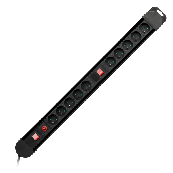 Power strip with 10 sockets (2P+E), 1.5m long cable (3x1.5mm2), 2x backlit two-way switch, 2x thermal switch 16A / 230 VAC, blac