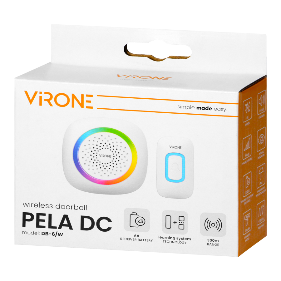 PELA DC, wireless battery-powered doorbell, learning system, 60 sounds, LED RGB, 300m, white