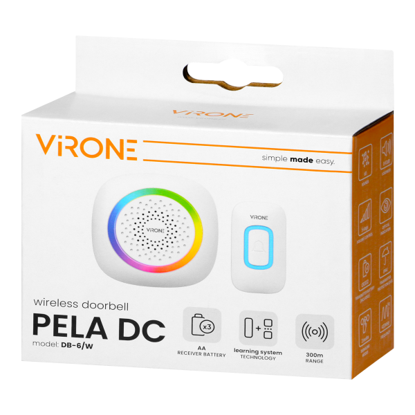 PELA DC, wireless battery-powered doorbell, learning system, 60 sounds, LED RGB, 300m, white