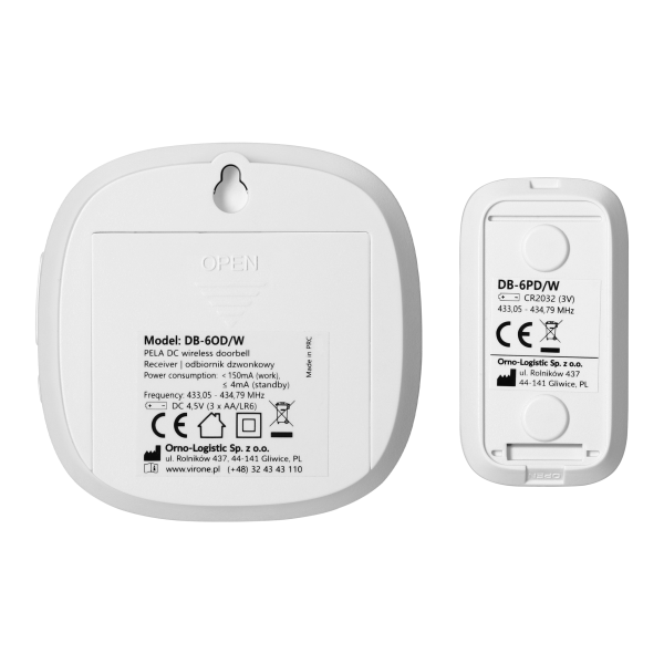 PELA DC, wireless battery-powered doorbell, learning system, 60 sounds, LED RGB, 300m, white