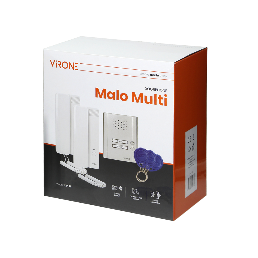 Zestaw domofonowy dwurodzinny, podtynkowy z czytnikiem breloków zbliżeniowych, MALO MULTI