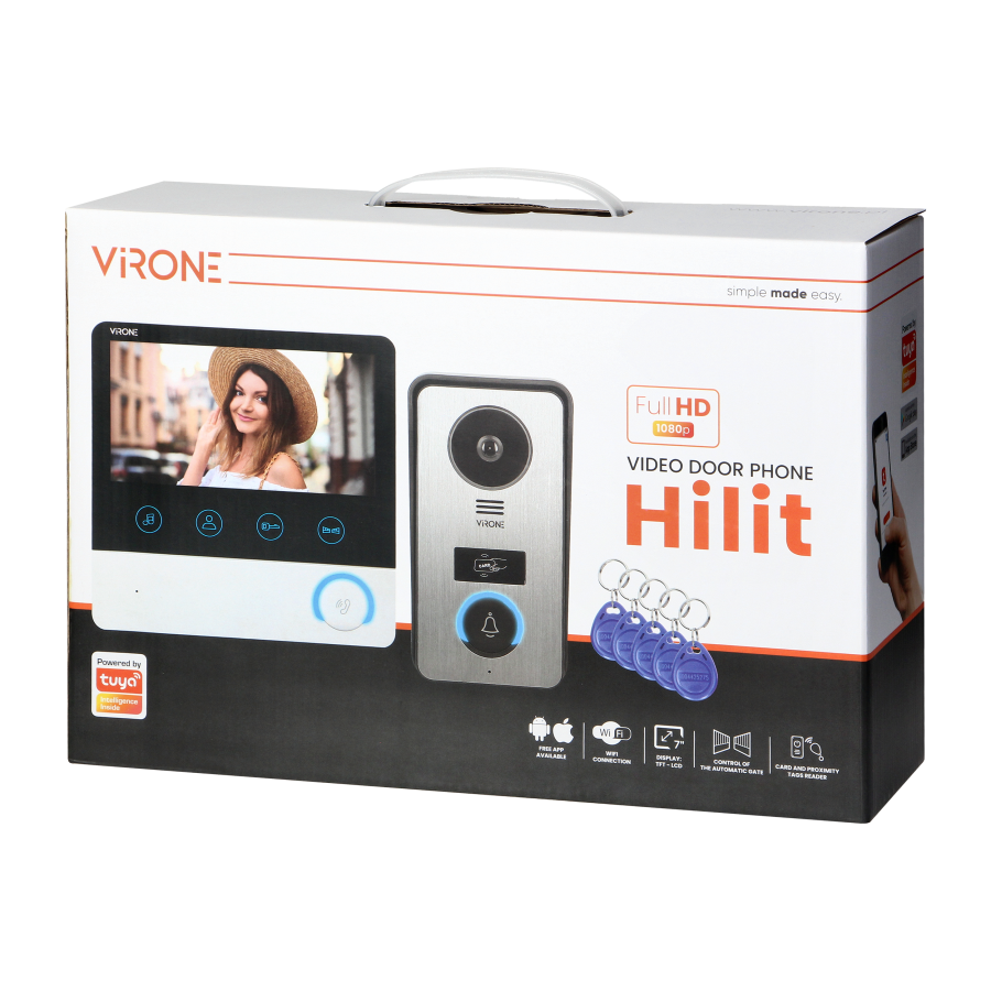 Bezsłuchawkowy zestaw wideodomofonowy HILIT Full HD z kolorowym monitorem 7" Wi-Fi oraz czytnikiem kart i breloków, obsługa popr