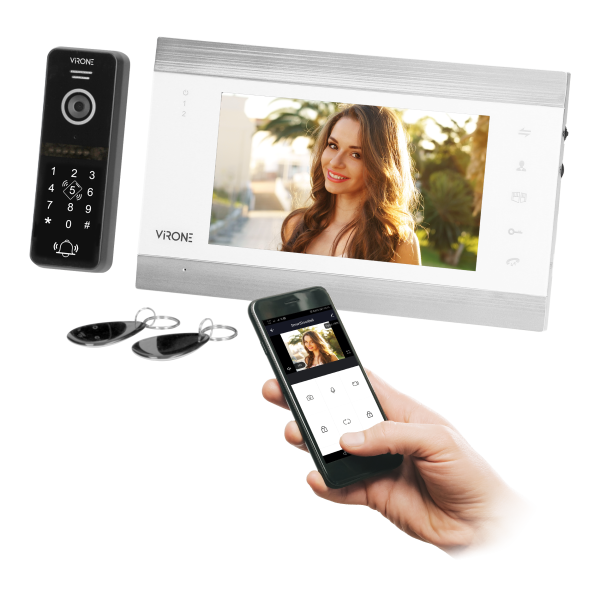 VIFIS video doorphone set, loudspeaking, LCD 7", OSD menu, WI-FI + smartphone APP, gate control, code lock and RFID, white,