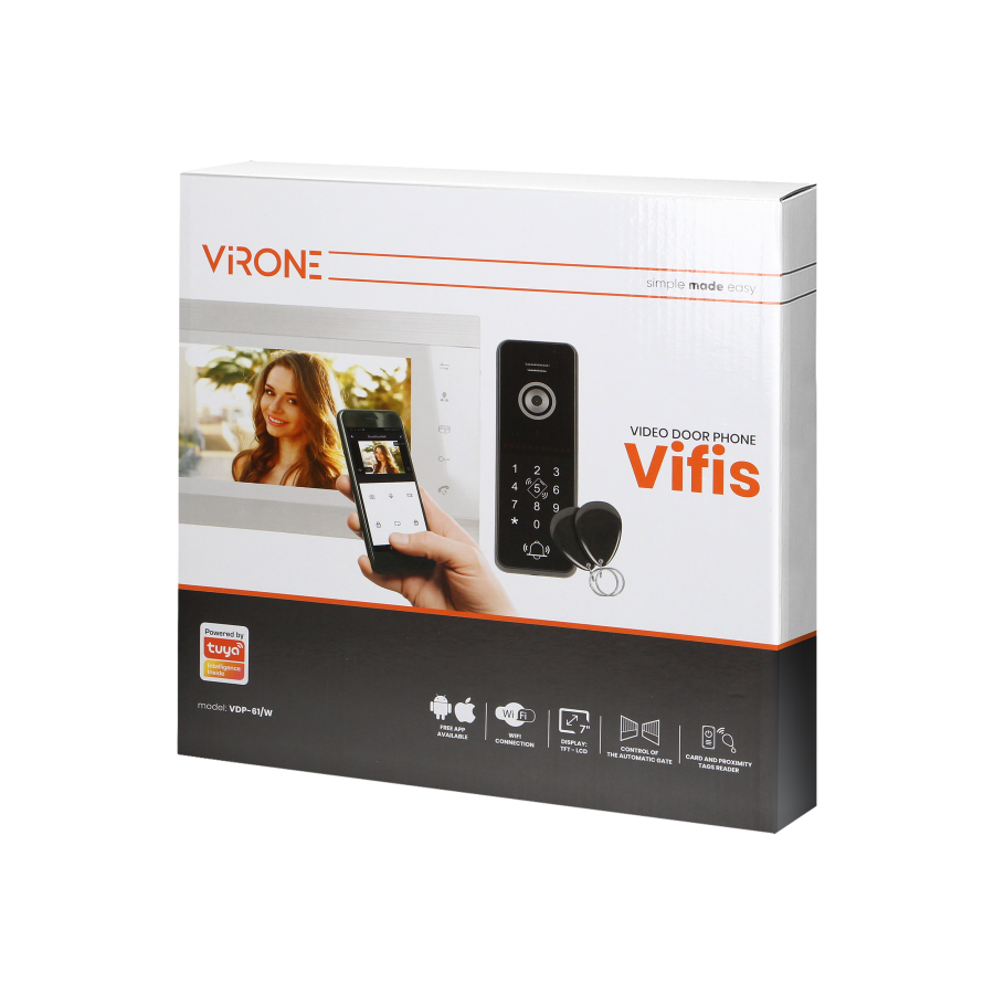 VIFIS video doorphone set, loudspeaking, LCD 7", OSD menu, WI-FI + smartphone APP, gate control, code lock and RFID, white,