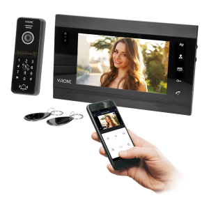 VIFIS video doorphone set, handset-free, 7" monitor, code lock, card/proximity tags reader and mobile application
