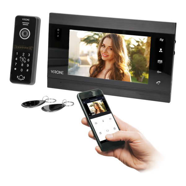 Zestaw wideo domofonowy VIFIS, bezsłuchawkowy, monitor 7", z szyfratorem i czytnikiem kart i breloków oraz aplikacją mobilną