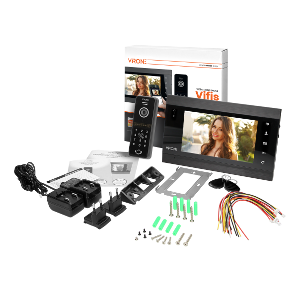 Zestaw wideo domofonowy VIFIS, bezsłuchawkowy, monitor 7", z szyfratorem i czytnikiem kart i breloków oraz aplikacją mobilną